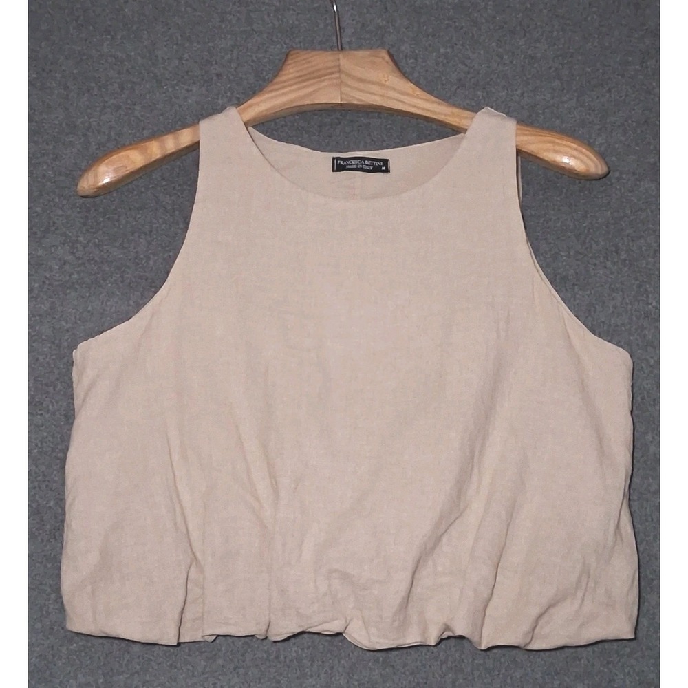 Francesca Bettini Linen Cotton Blouse M Tan Balloon Hem Italy Coastal Lagenlook